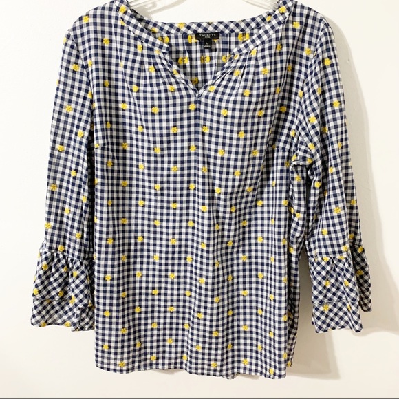Talbots Petites Gingham Peasant Style Blouse with Tiered Bell Sleeves Embroidery - Picture 3 of 12